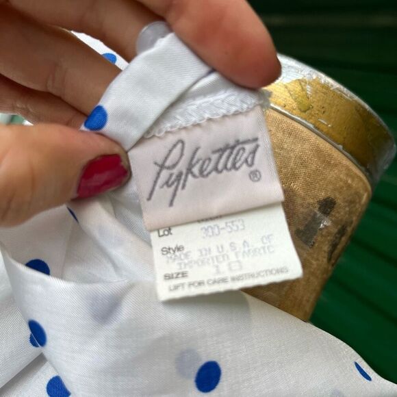 Vintage 80s Pykettes White & Blue Polka Dot Short Sleeve Blouse XL USA - Picture 7 of 9